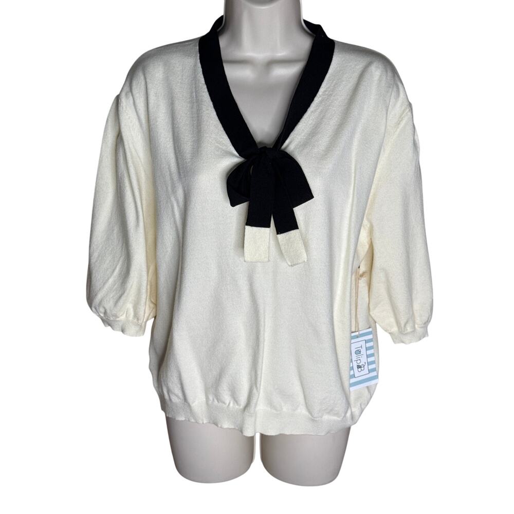 Tulip B Unique Vintage Black Cream Black Tie Short Sleeve Knit Top XL NWT